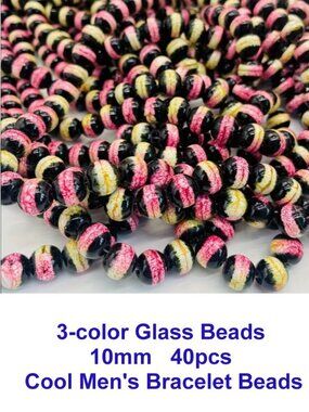 3-color Glass Beads 10mm   40 Beads  Cool Men's Bracelet Beads 10mm